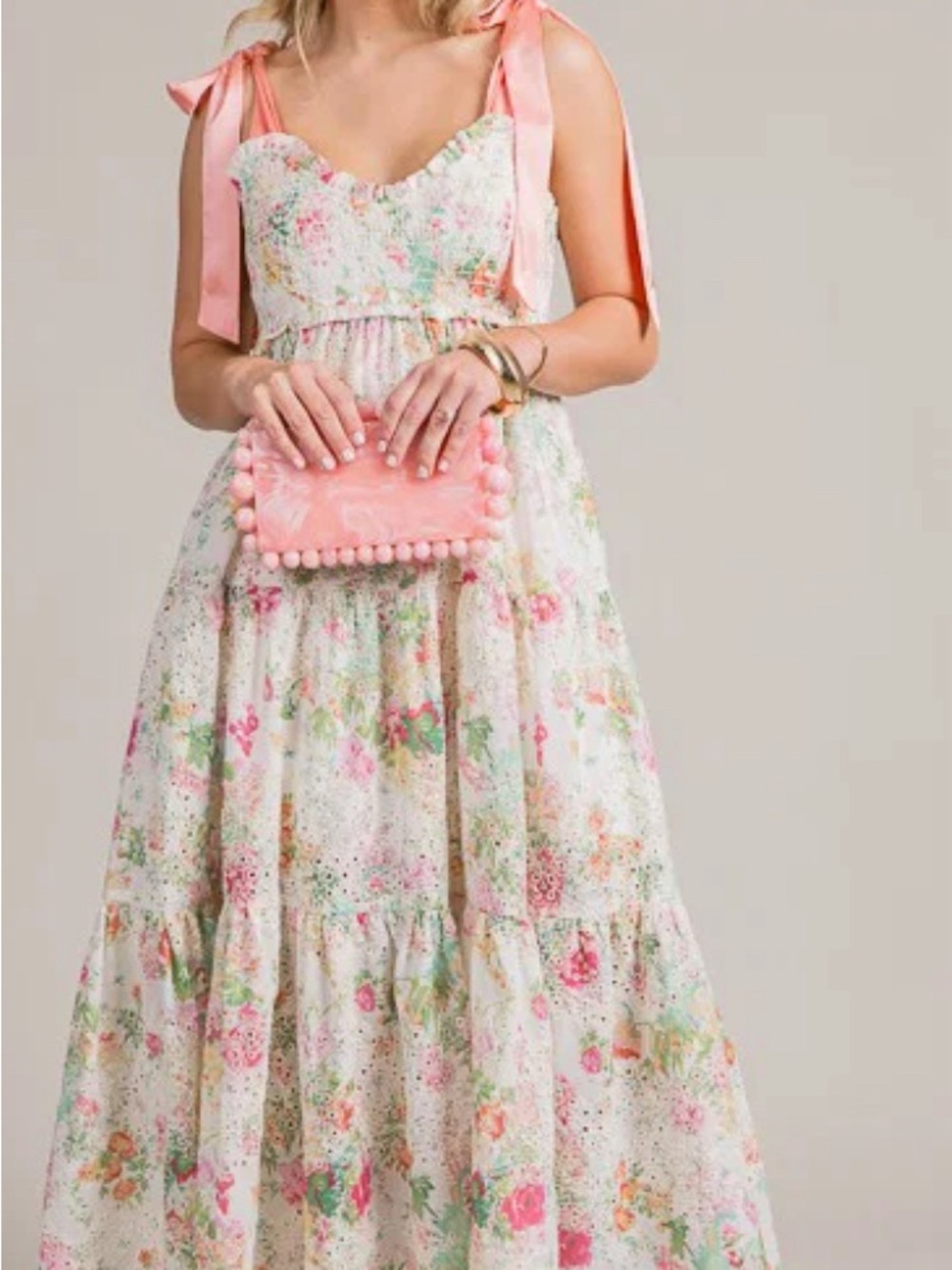 Floral Eyelet Maxi Dress with Pink Tie Straps